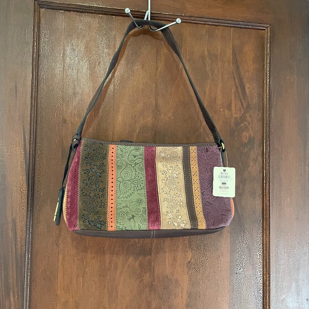NWT Fossil Patchwork Leather Shoulder Bag Y2K Embossed Floral Zigzag Stitch